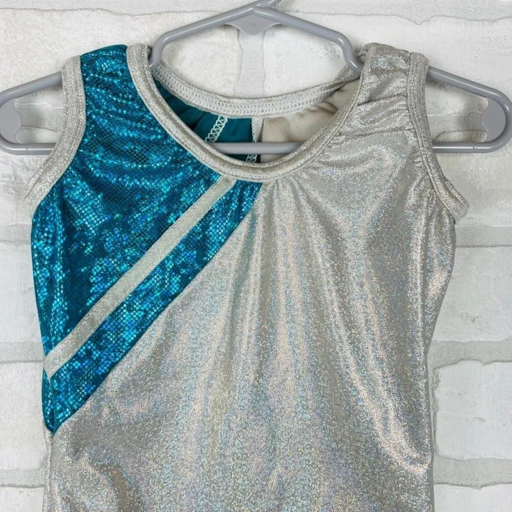 Silver Teal Holographic Rhinestone Sleeveless Gymnastics Leotard Kids
